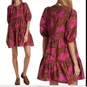New FARM RIO Artsy Leopards Tiered Mini Dress Pink Animal Print Size XSmall
